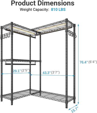 VIPEK L4L Portable Closet with Dimmable LED Lights, L Shaped Clothes Rack for Corner Space-Saving Storage, 3 Hanger rods for Hanging Heavy Duty Coats, Max Load 810LBS, Black