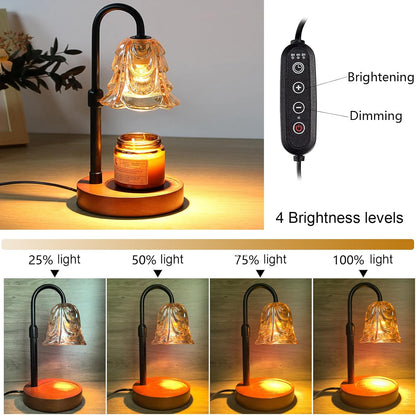 Candle Warmer Lamp with Timer and Dimmer - Adjustable Height Wax Melt Warmer, 4 Brightness Levels, 2/4/8H Timer, Wood Base & Glass Shade, Includes 2 GU10 Halogen Bulbs for Home Decor