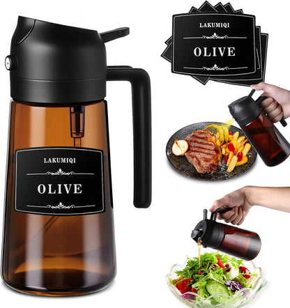 2-in-1 Glass Oil Dispenser & Sprayer - 16oz/470ml Leakproof Olive Oil Sprayer Bottle for Cooking, Air Fryer, BBQ, Baking, Salad (Black)