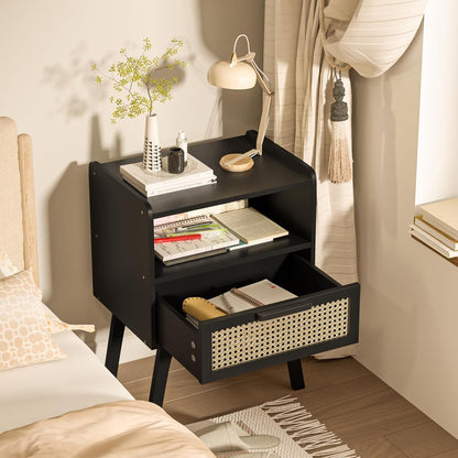 Lerliuo Rattan Nightstand, Bedside Table with Drawer Open Shelf, Cane Accent Side End Table with Solid Wood Legs, Black Mid Century Night Stand for Bedroom, Dorm and Small Spaces