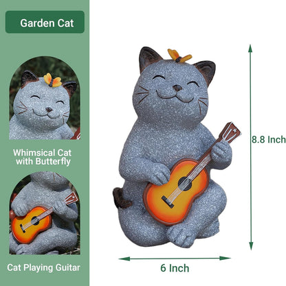 Cat Garden Statue Outdoor Decor, Cat Sculpture with Guitar and Butterfly for Yard Lawn Patio Balcony, Birthday Housewarming Gifts for Mom, Grandma, Women, 8.8 inch, Resin