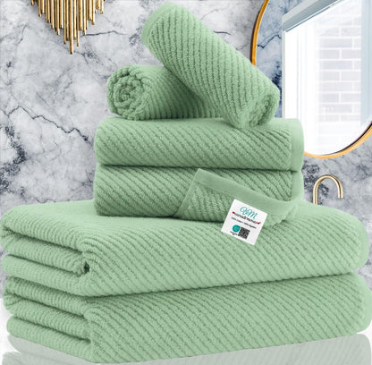 VOOVA & MOVAS Green Towels for Bathroom - 100% Cotton | Quick Dry | Lightweight | Thick | Soft, 6 Piece Towel Set, 2 Large Bath 30"x56", 2 Hand 18"x28", 2 Wash Cloths 13"x13", Towel Gift Set, Sage