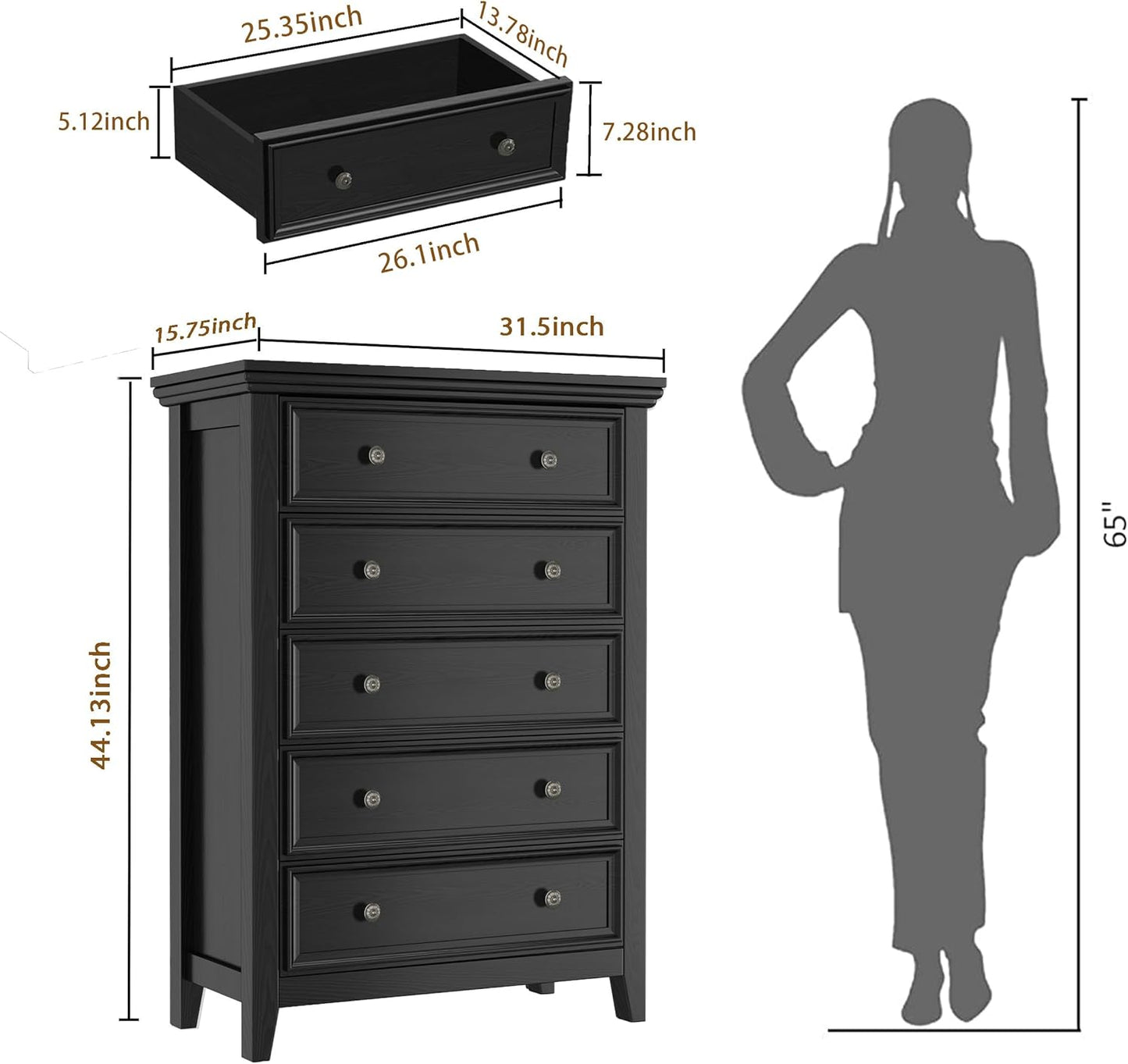 BLANKSPACE Black 5 Drawer Dresser, Modern Dresser for Bedroom, Wood Drawer Organizer with Metal Knobs, Large Capacity Wood Cabinet for Bedroom, Closets, Hallway