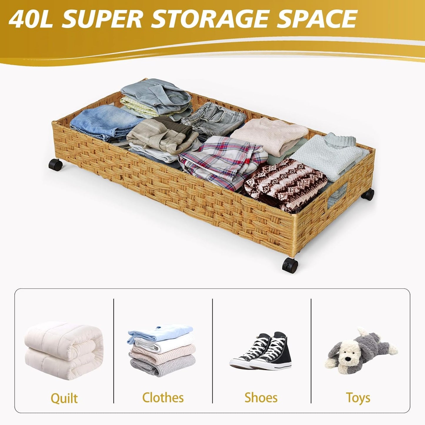 Under Bed Storage Containers with Wheels, 2 Pack 31.5in / 35L Handmade Rattan Underbed Organizer Drawer, Tool-free Assembly Rolling Under Bed Storage Bins for Shoes Clothes Toy Book