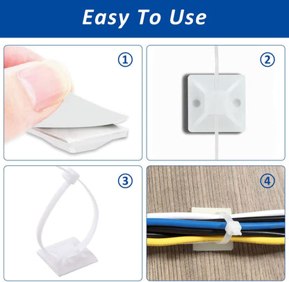Strong Back-Glue Self Adhesive Cable Zip Tie Mounts Kit - 100 Set Cable Management Clips with 6" Zip Ties, Wire Holders - Outdoor Sticky Wire Organizer Clips - White