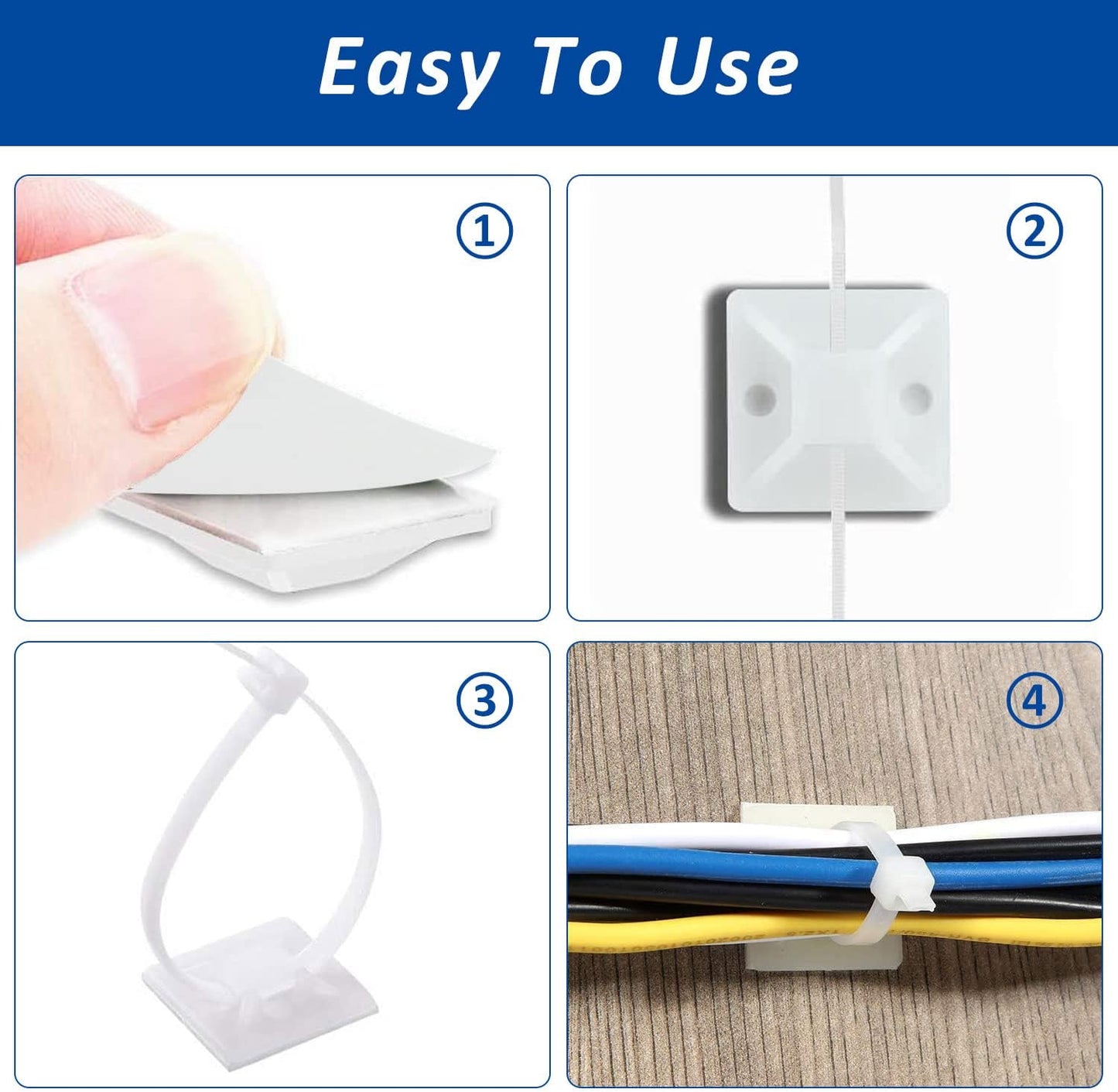 Strong Back-Glue Self Adhesive Cable Zip Tie Mounts Kit - 50 Set Cable Management Clips with 6" Zip Ties, Wire Holders - Outdoor Sticky Wire Organizer Clips-White