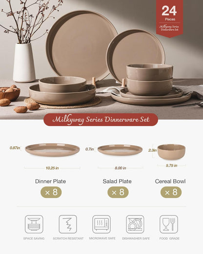 Famiware Milkyway Dinnerware Sets, 24 Piece Dish Set, Plates and Bowls Sets for 8, Cinnamon Brown