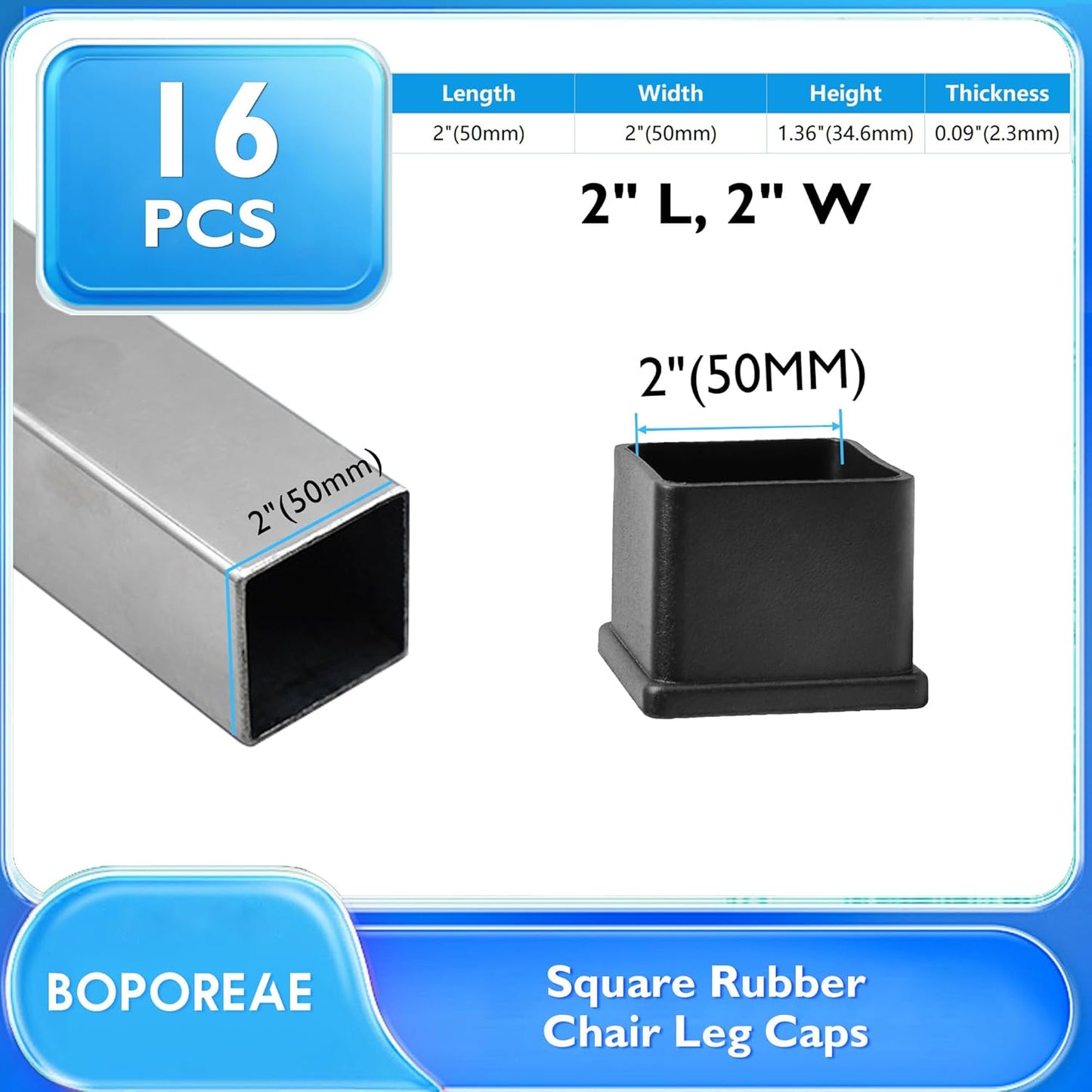 16 Pcs 2" x 2" Square Rubber Chair Leg Caps, PVC Table Leg Covers, Flexible & Anti-Slip Furniture Leg End Caps, Chair Leg Floor Protectors for Bar Stool Leg Patio Indoor, Black