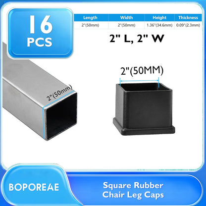 16 Pcs 2" x 2" Square Rubber Chair Leg Caps, PVC Table Leg Covers, Flexible & Anti-Slip Furniture Leg End Caps, Chair Leg Floor Protectors for Bar Stool Leg Patio Indoor, Black