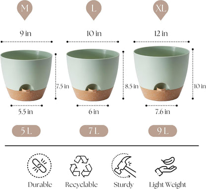 Giraffe Creation Plant Pots Set of 3 (12/10/9 inch), Self-Watering Indoor & Outdoor Flower Planters with Drainage Hole and Reservoir, Green