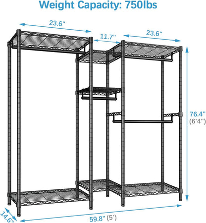 VIPEK Classic V6 Medium Wire Garment Rack Heavy Duty Clothes Rack for Hanging Clothes, Metal Freestanding Closet Wardrobe Racks 59.8" L x 14.6" W x 76.4" H, Max Load 750lbs, Black