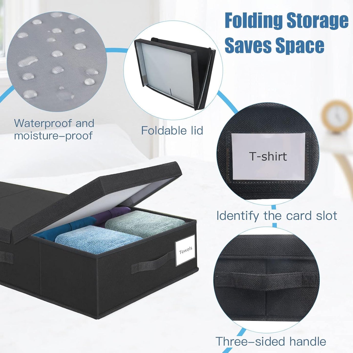 Underbed Storage Containers Bin with Lids (Set of 2) Large Under Bed Storage Organizer Box with Handle, Foldable Under the Storage Bags for Organizing Clothes, Shoes, Blankets, Pillows-Black