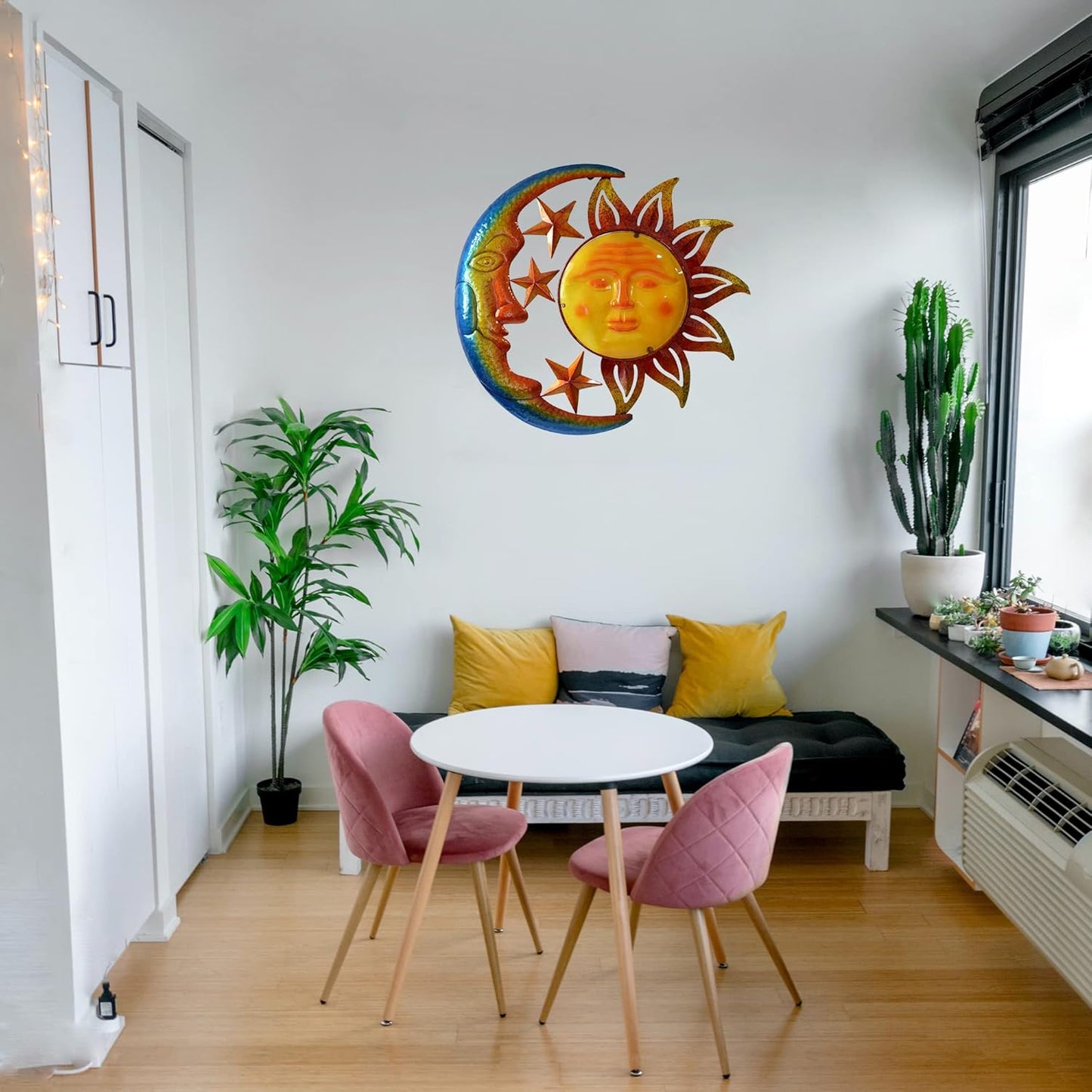 Metal Larger Size 29 Inch Sun Outdoor Wall Art Decor with Moon & Stars,Hanging for Indoor Outdoor Patio Garden Fence Deck Yard Pool Wall Sculpture Decoration Colorful