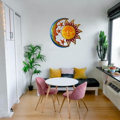 Metal Larger Size 29 Inch Sun Outdoor Wall Art Decor with Moon & Stars,Hanging for Indoor Outdoor Patio Garden Fence Deck Yard Pool Wall Sculpture Decoration Colorful