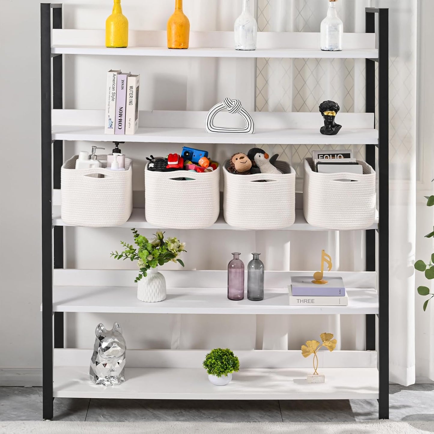 Storage Baskets for Organizing & Shelves, Woven Cotton Rope Organization Bins for Dog Toys, Clothes, Books, Nursery Organizer, 15" Lx11''Wx9.5''H, (4 Packs) Off White