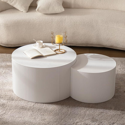Round Nesting Coffee Table White Round Fluted Coffee Table Set of 2 for Living Room Small Circle Drum Coffee Tables Crescent End Table (White A 27in)