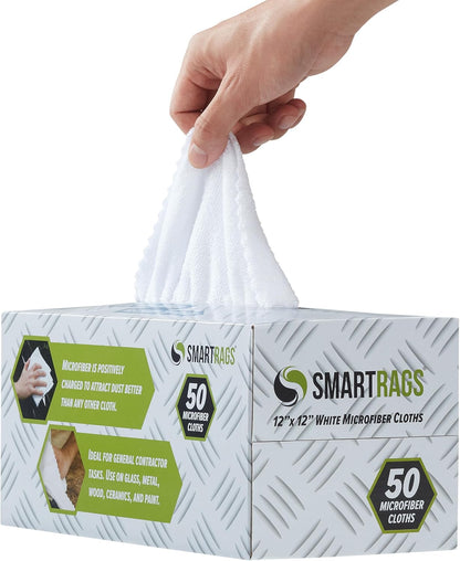 Arkwright Smart Rags in Box - (Pack of 50) Lint Free Microfiber Cleaning Cloth, Scratch & Streak-Free, Dispensable Wash Towels for Cars, Window Glass, and Auto Shop, 12 x 12 in, White