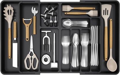 Lifewit Large Silverware Drawer Organizer, Plastic Cooking Utensil Tray for Kitchen, Expandable From 21 to 36 Inches, Adjustable Flatware Cutlery Spoon Fork Knife Spatula Gadgets Holder, Black
