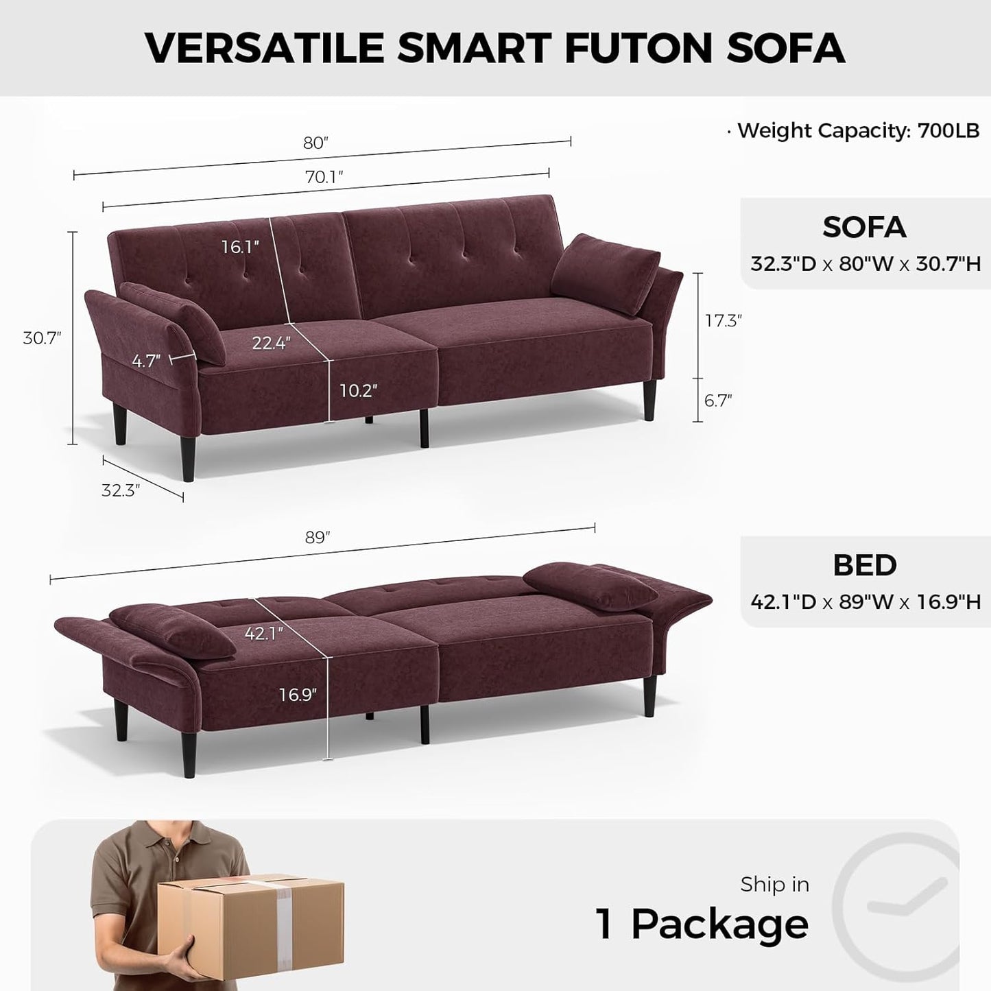 89” Futon Sofa Bed, Velvet Fabric Comfy Futon Couch Bed with 2 Square Pillows, Convertible Sleeper Sofa with Adjustable Backrest& Armrests, Modern Loveseat Sleeper for Living Room, Burgundy