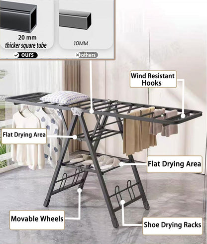 Mimiblack Heavy Duty Clothes Drying Rack Foldable with Wheels, 71'' Extra-Thick Metal Laundry Dryer Stand, 27 Rods Free-Standing for Indoor/Outdoor Windproof Use - Large Size