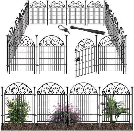 Tall Garden Animal Barrier Fence with Gate, 36 in(H)×30.6 Ft(L) 14 Panels Dog Digging Fence Barrier, Black Heavy Duty Metal Temporary Fences, Reusable Defense Fencing for Outdoor Yard│Patented