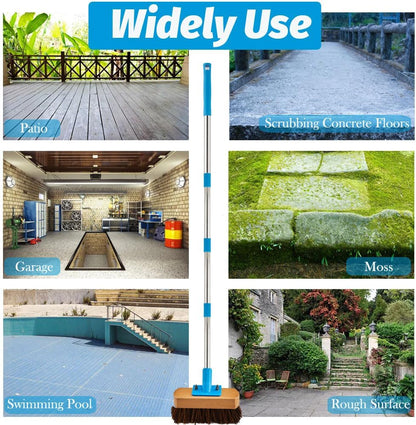 Heavy Duty Deck Brush with Long Handle - 60" Floor Scrub Brush with Stiff Natural Palmyra Bristles, Outdoor Scrubber Brushes for Cleaning Rough Surface, Concrete Floor, Patio, Garden, Sidewalk