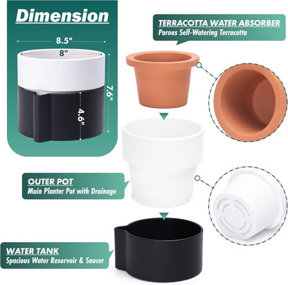 8 Inch Self-Watering Planter Pot with Terracotta Insert, Deep Water Reservoir, and Ceramic-Alike BPA-Free Plastic Planter Pot for Plant, Modern Planter for Houseplants, Black/White, 53-C-T-7