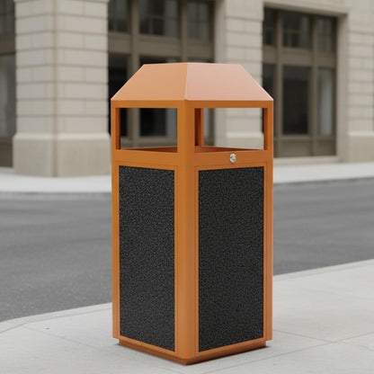Commercial Metal Outdoor Trash Can with Lid, Lockable Outdoor Garbage Can with Nature Stone Panels, Heavy-Duty Rustproof Trash Bin with Removable Liner for Parks & Public Spaces