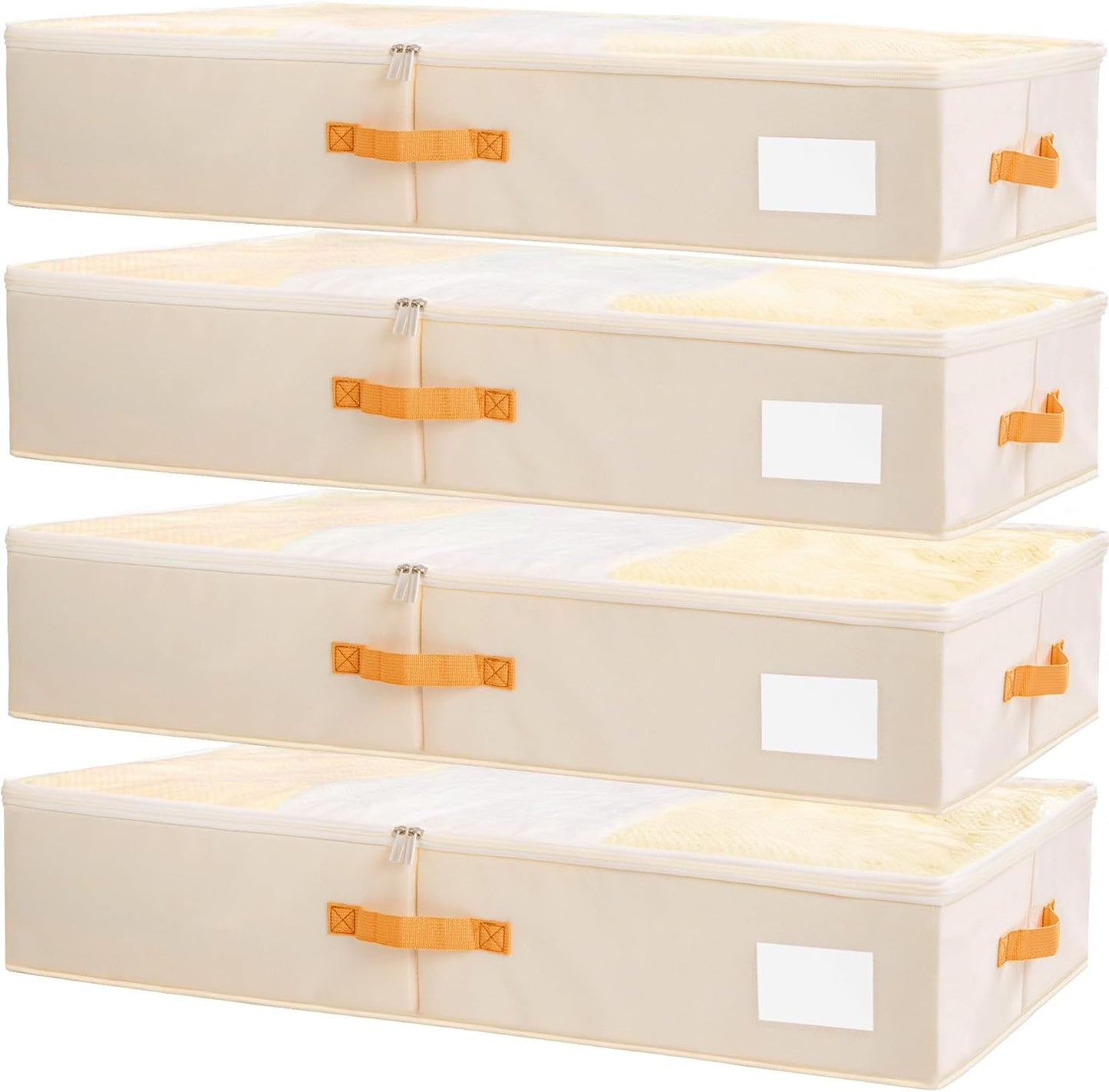 Criusia Under Bed Storage Bins with Clear PVC Lids – 4 Pack Large Underbed Organizers with Heavy-Duty Handles, Reinforced with 800G PP Panels & 80G Non-Woven Fabric – Waterproof & Foldable, Beige