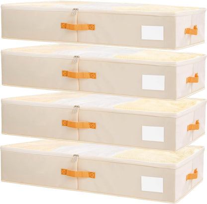 Criusia Under Bed Storage Bins with Clear PVC Lids – 4 Pack Large Underbed Organizers with Heavy-Duty Handles, Reinforced with 800G PP Panels & 80G Non-Woven Fabric – Waterproof & Foldable, Beige