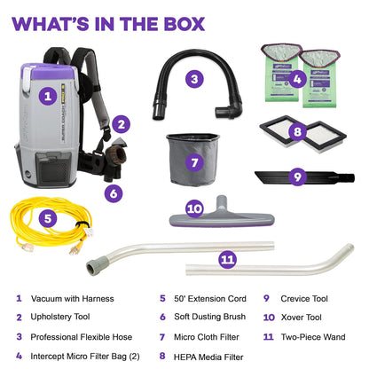 ProTeam Super Coach Pro 6 Backpack Vacuum Commercial with 2 Piece Wand Tool Kit, 6 Quart, Corded, 107308