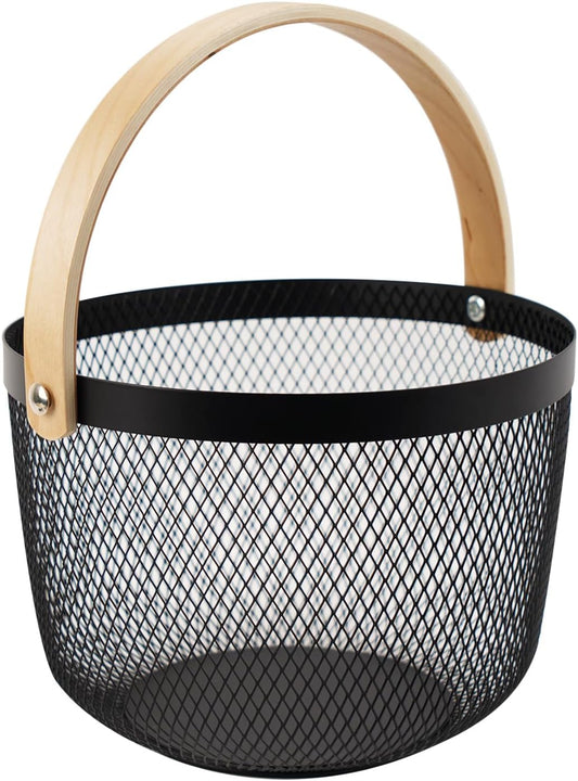 Metal Mesh Steel Basket, Garden Harvest Basket for Gathering Vegetables Round Wire Basket with Handle Storage Organizer Multi-functional Hanging Fruit Basket for Kitchen Bathroom Picnic