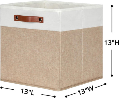HNZIGE Fabric Baskets for Organizing 13x13 Storage Cubes, Set of 4 Fabric Foldable Canvas Storage Bins for Shelves, Cloth Storage Bins for Cube Organizers Toy Nursery Closet Bedroom?Beige&White?