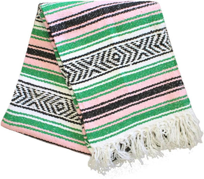 Del Mex Classic Mexican Blanket, Large Authentic Woven Falsa Throw (70"x50"), Artisan Southwest Décor for Beach, Yoga, Outdoors (Green/Pink)