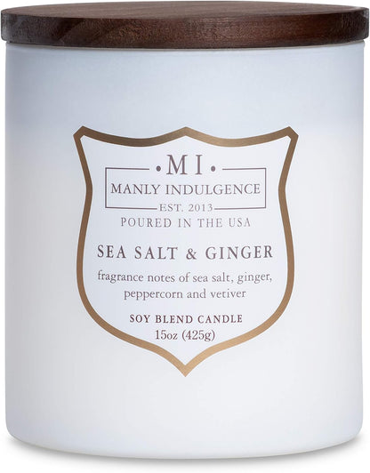 Manly Indulgence Sea Salt & Ginger Scented Candles for Men, 15 oz Wooden Wick, Premium Soy Blend Wax, 60H Burn, Candles for Home Scented - Made in The USA