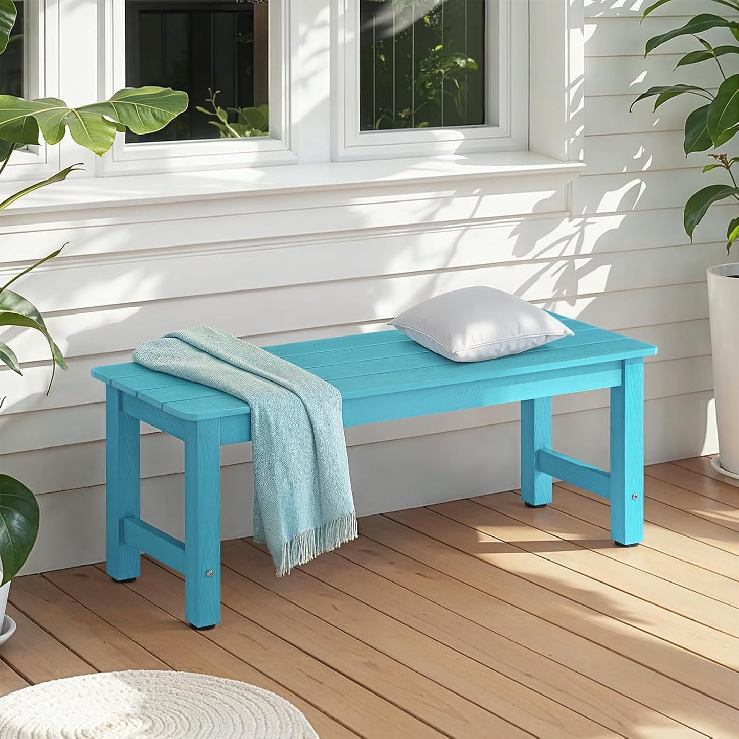 Outdoor Bench, 2-Person Poly Lumber Garden Bench, All-Weather Patio Bench Will not Rot and Fade for Garden, Porch, Backyard and Park, Easy Installation, Blue