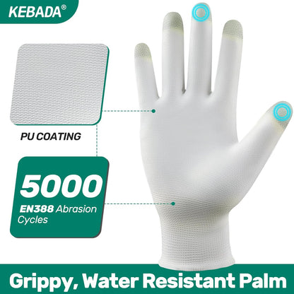 Kebada W1 Work Gloves for Men and Women, PU Coated Safety Gloves with Grip, Touchscreen, Ideal for Warehouse Package Handling, Construction, Gardening, White X-Large