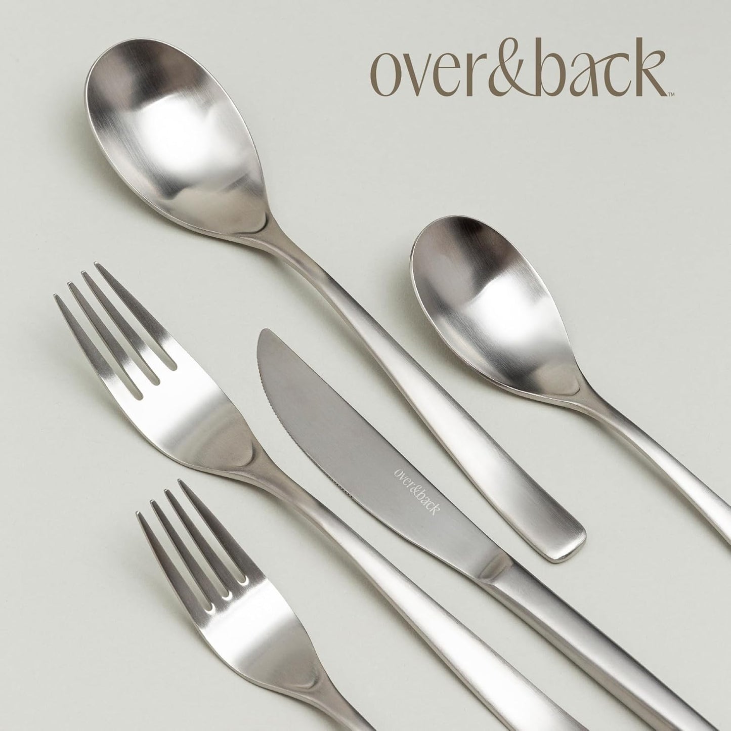 over&back 20pc Curved Flatware Cutlery Set - Comes with 4 Dinner Forks, 4 Salad Forks, 4 Dinner Knives, 4 Dinner Spoons, and 4 Teaspoons - 18/8 Stainless Steel - Dishwasher-Safe - Brushed Stainless