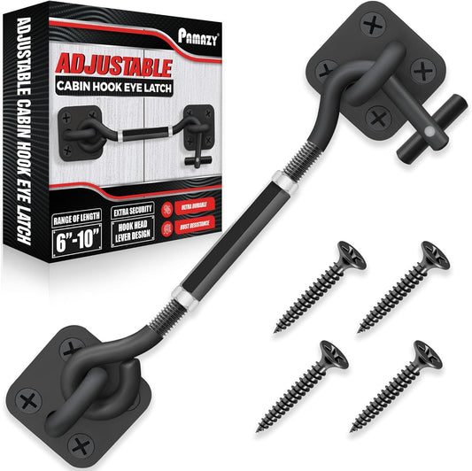 [Upgrade Adjustable] 6”-10” Cabin Hook Eye Latch Gate, Heavy Duty 4 Mounting Points Bracket, Barn Door Lock Latch, Durable Door Swivel Window Hook Lock for Sliding Door, Outdoor, Window, Cabinet
