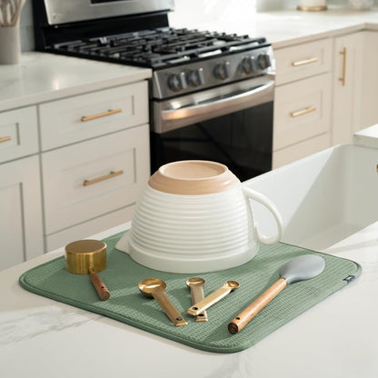 S&T INC. Dish Drying Mat, 16” x 18”, Absorbent Microfiber Kitchen Counter Mat, Dish Drying Pad for Dishes, Utensils, Pots and Pans, Large, Sage Green