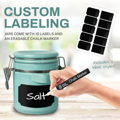 Home Intuition 4-Piece Ceramic Kitchen Canisters Set, Airtight Containers with Wooden Spoons Reusable Chalk Labels and Marker for Sugar, Coffee, Flour, Tea (Turquoise)