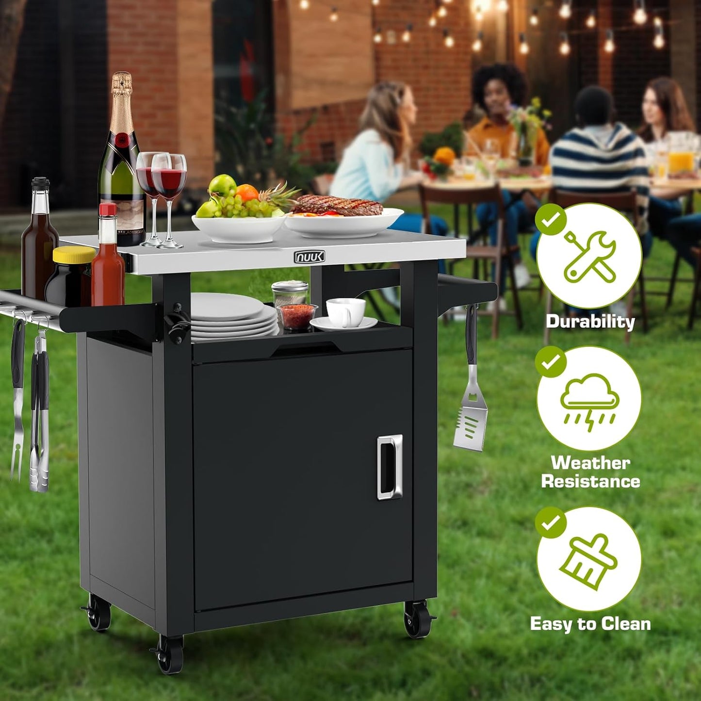 NUUK Grill Carts Outdoor with Enclosed Cabinet and Storage Drawer, Portable Patio Bar Cart with Wheels Stainless Steel Kitchen Storage Island 20" x 30" Rolling Prep Station for BBQ, Deck, Backyard