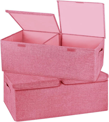 2 Pack Large Storage Boxes with Lids and Handles, Collapsible Linen Storage Bins Organizer Containers Baskets Cube with Removable Divider for Home Bedroom Closet Office (Pink, Small)