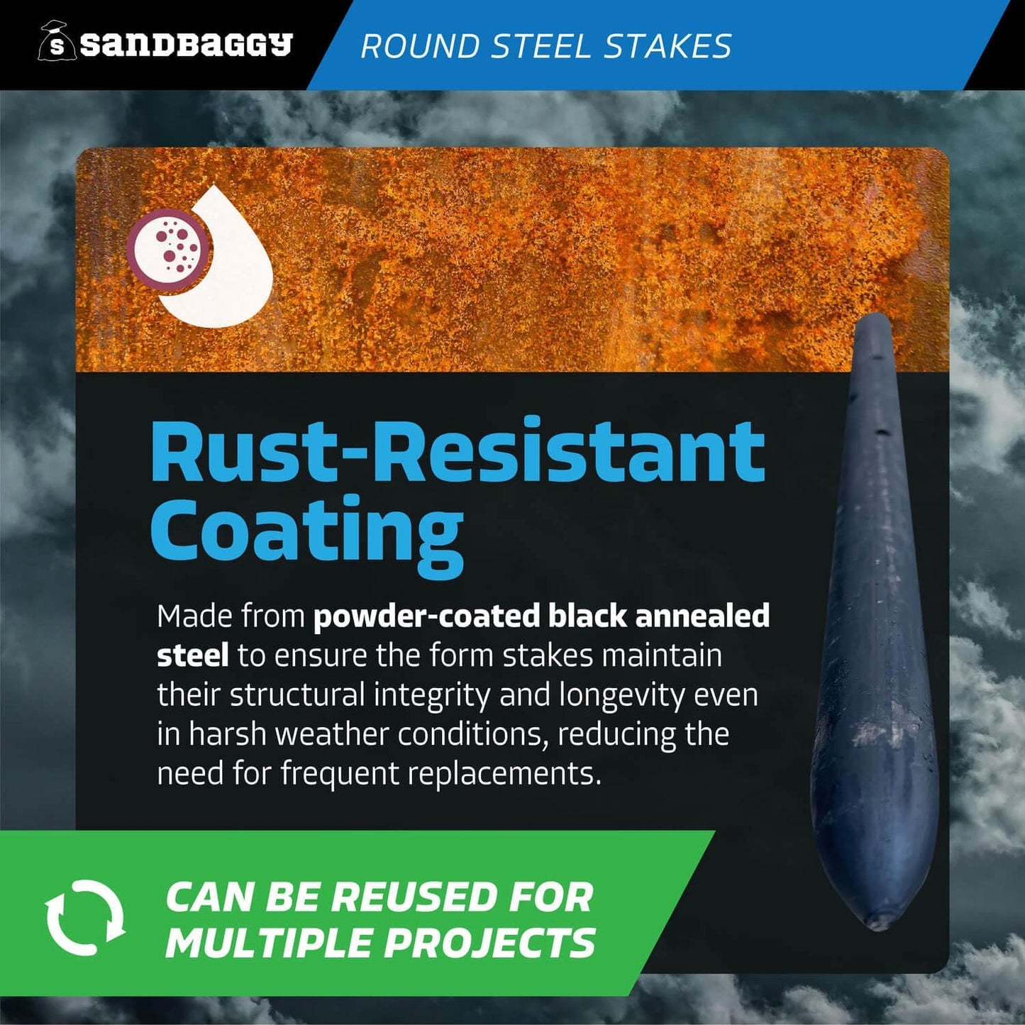 Sandbaggy Round Steel Concrete Form Stakes with Nail Holes - Rust Resistant Coating - Removable, Reusable (20, 3/4 in X 12 in)