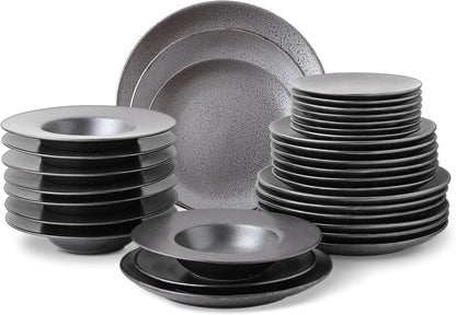 Stone Lain Valencia Porcelain 32-Piece Round Dinnerware Set, Plates and Bowls Set, Dish Set for 8, Metallic Grey
