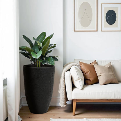 WORTH Garden 21" H Tall Planters 2 Pack - 14'' Dia Resin Large Round Black Flower Pots for Outdoor Plants Trees - Imitation Stone Finish Plastic Indoor Front Porch 9 Gallon Decorative Container Patio