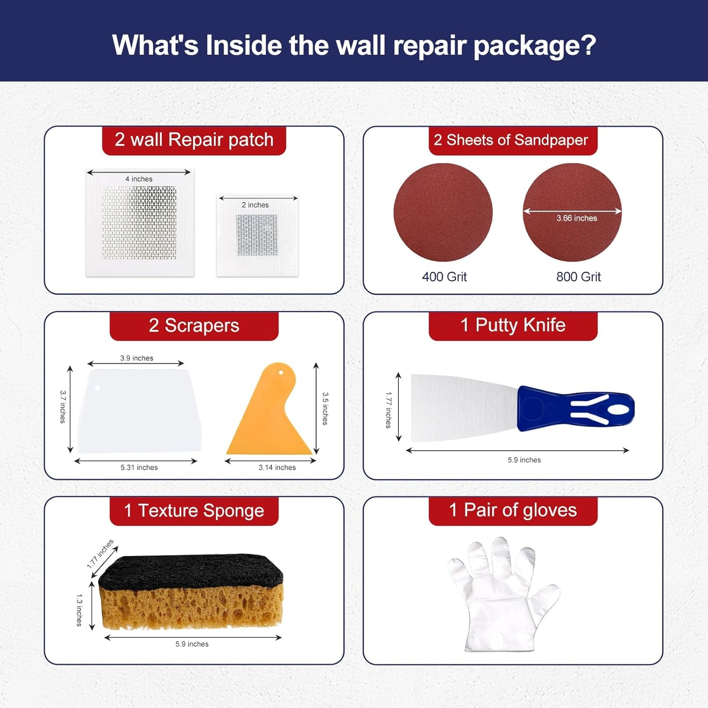8.6oz Drywall Patch Repair Kit - Professional All-in-1 Tool Set (Scrapers/Sandpaper/Texture Sponge/Gloves/ Aluminum Patches) for Fast Wall Hole Repair