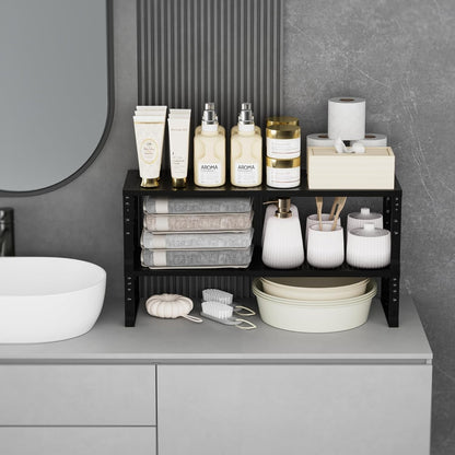 Expandable Spice Rack Kitchen Cabinet Shelf Organizer, Stackable Storage Shelves Racks, Adjustable Counter Shelving for Cabinets, Countertop, Cupboard,Pantry and More(1Pack/Black/Medium)