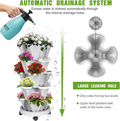 5 Tier Vertical Strawberry Planter-Tower Stackable Herb Planters-Stacking Garden Outdoor Planter Pot With Tools Mover For Flowers, Vegetables and Succulents