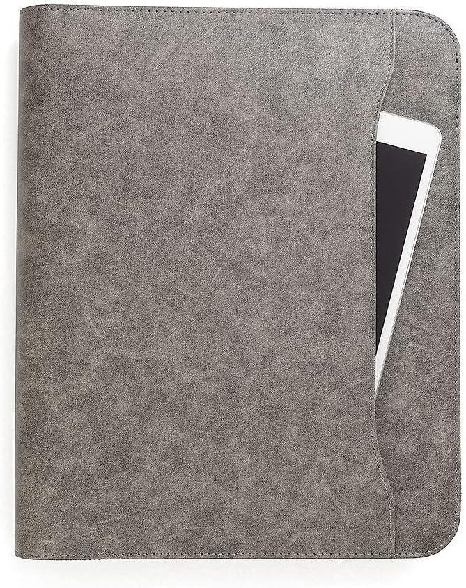 Forevermore Portfolios Padfolio Binder - Professional Faux Leather Travel Organizer Pouch for Tablet, Documents, Presentation Folders, Zipper Closure, Detachable 3-Ring Notepad - Gray